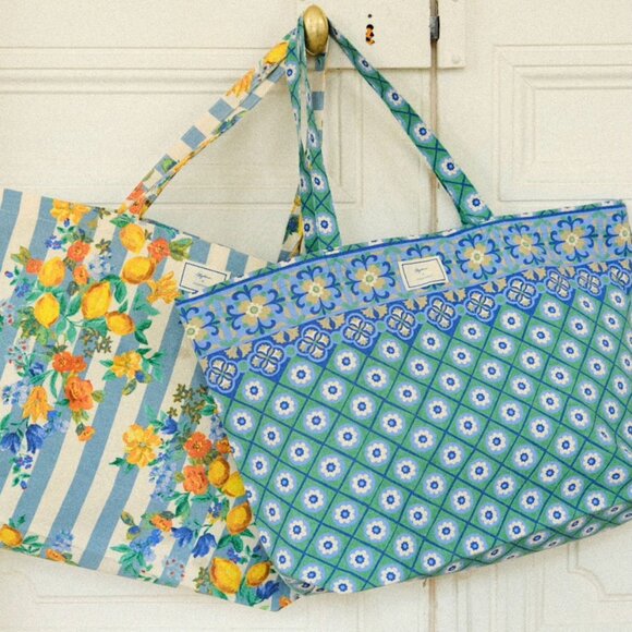 Sézane x Momonì limited edition blue stripe floral lemons print tote bag NWOT - Picture 5 of 5